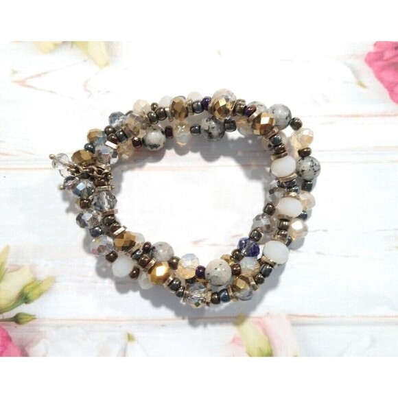 Brown Cream Three Layered Beaded Adjustable Bracelet Stretch - Picture 2 of 3